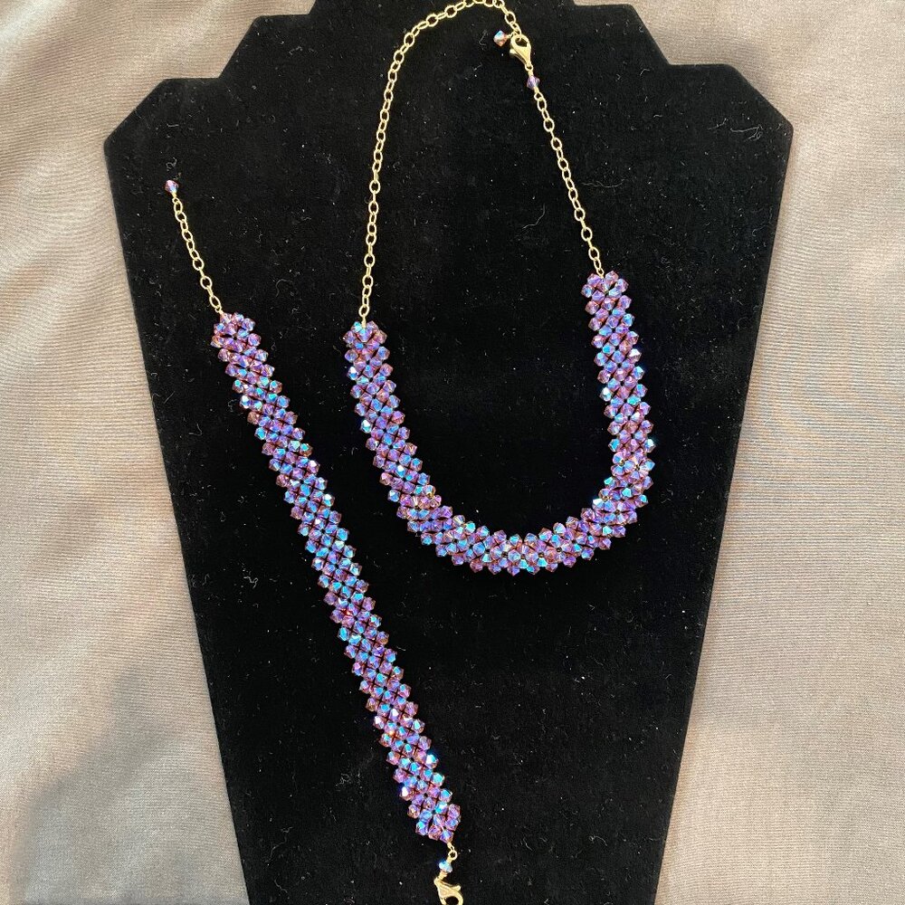 Aurora Borealis Purple Crystal Beaded Choker & Bracelet Set